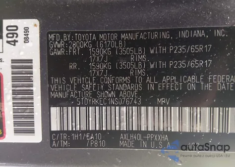 2022 Toyota Sienna Xle z USA, uszkodzony, nr VIN 5TDYRKEC1NS076743